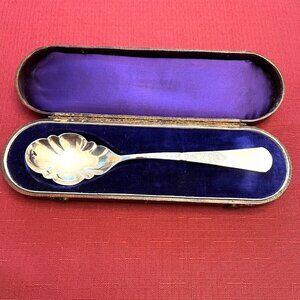 Antique Circa 1879 Unique Pattern Silverplated Scalloped Serving Spoon With Box